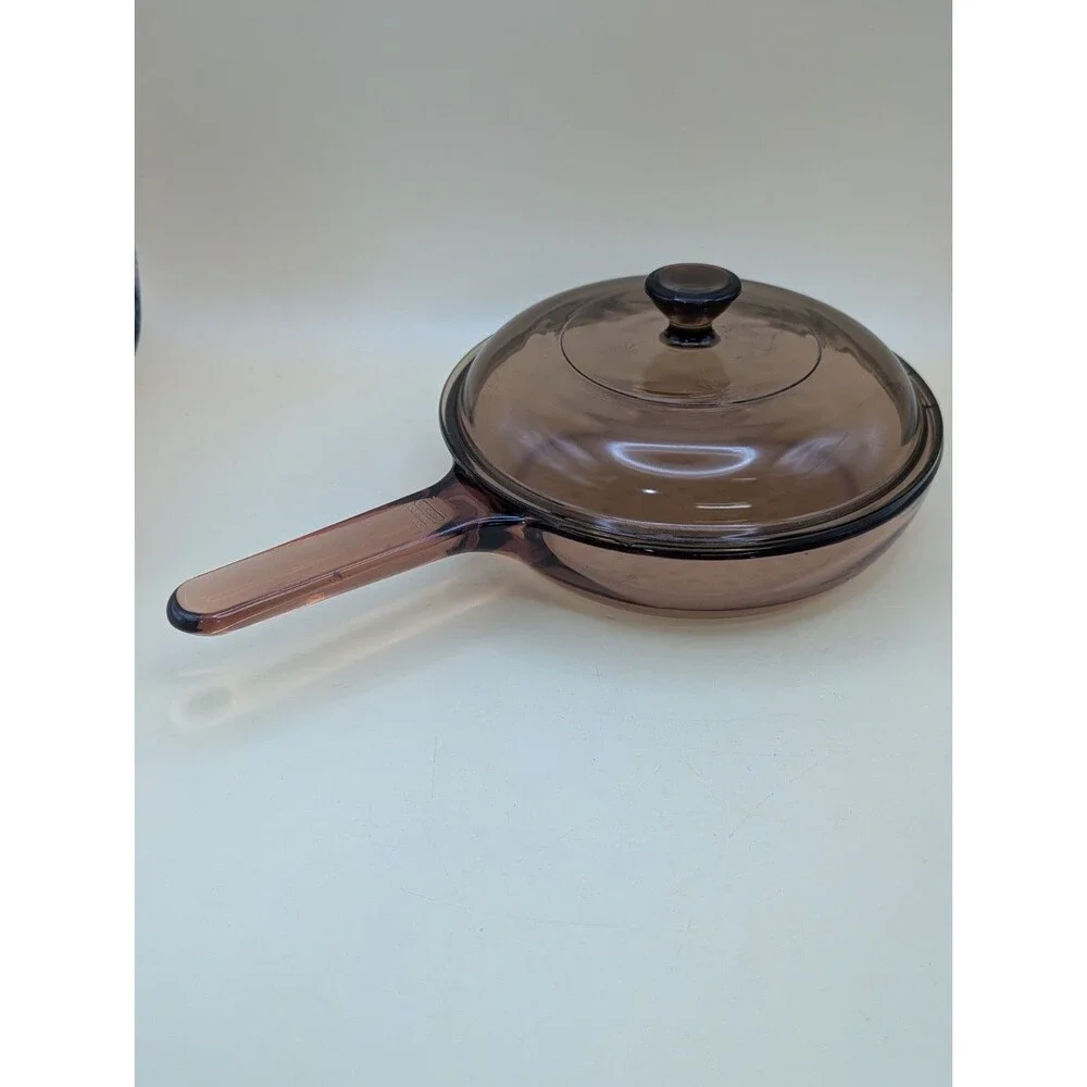 Vtg Corning Ware Visions Amber 7 Inch Frying Pan Waffle Bottom & Pyrex Lid V1.5C